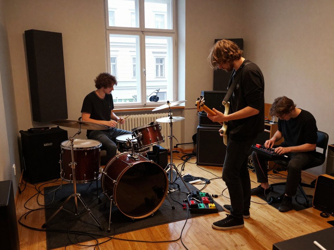 Band rehearsing with drum pads before recording