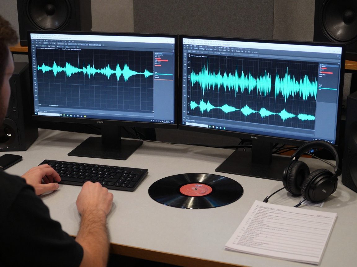 Mastering-Arbeitsplatz mit Kopfhörern und Monitoren