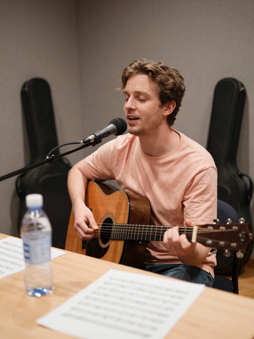 Singer warming up voice in studio lounge