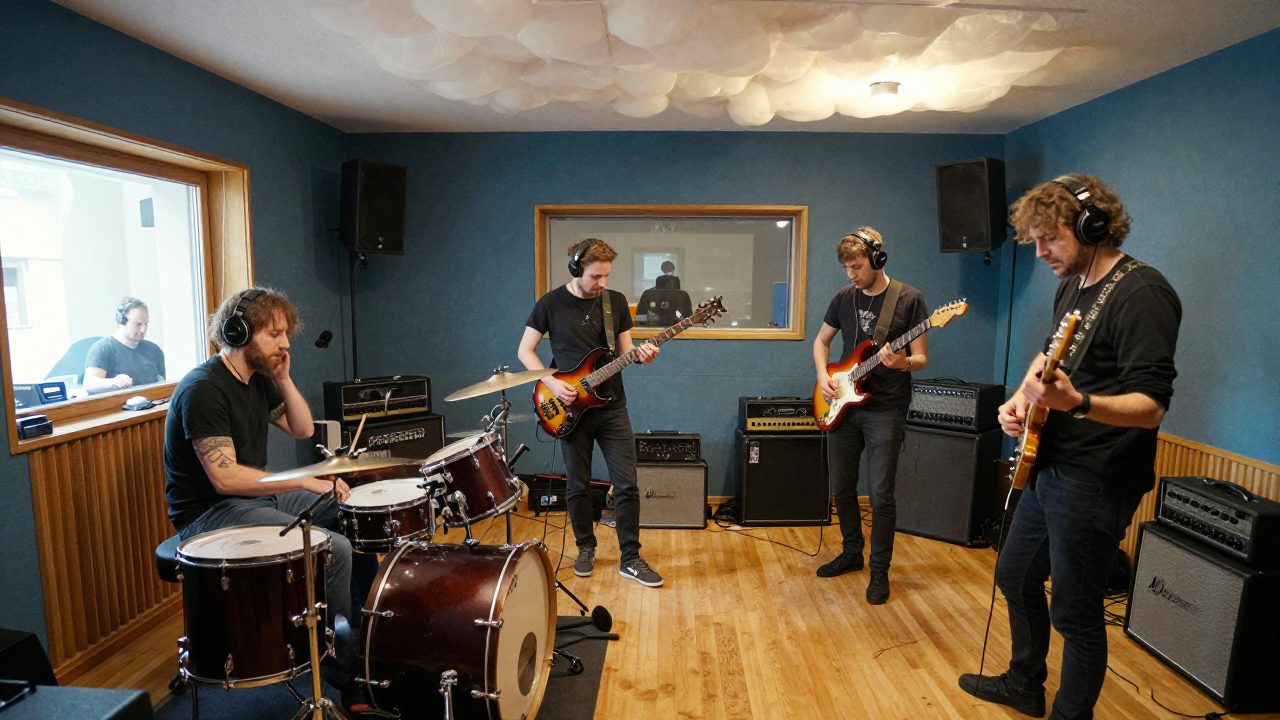 Four-piece band playing together in the live room