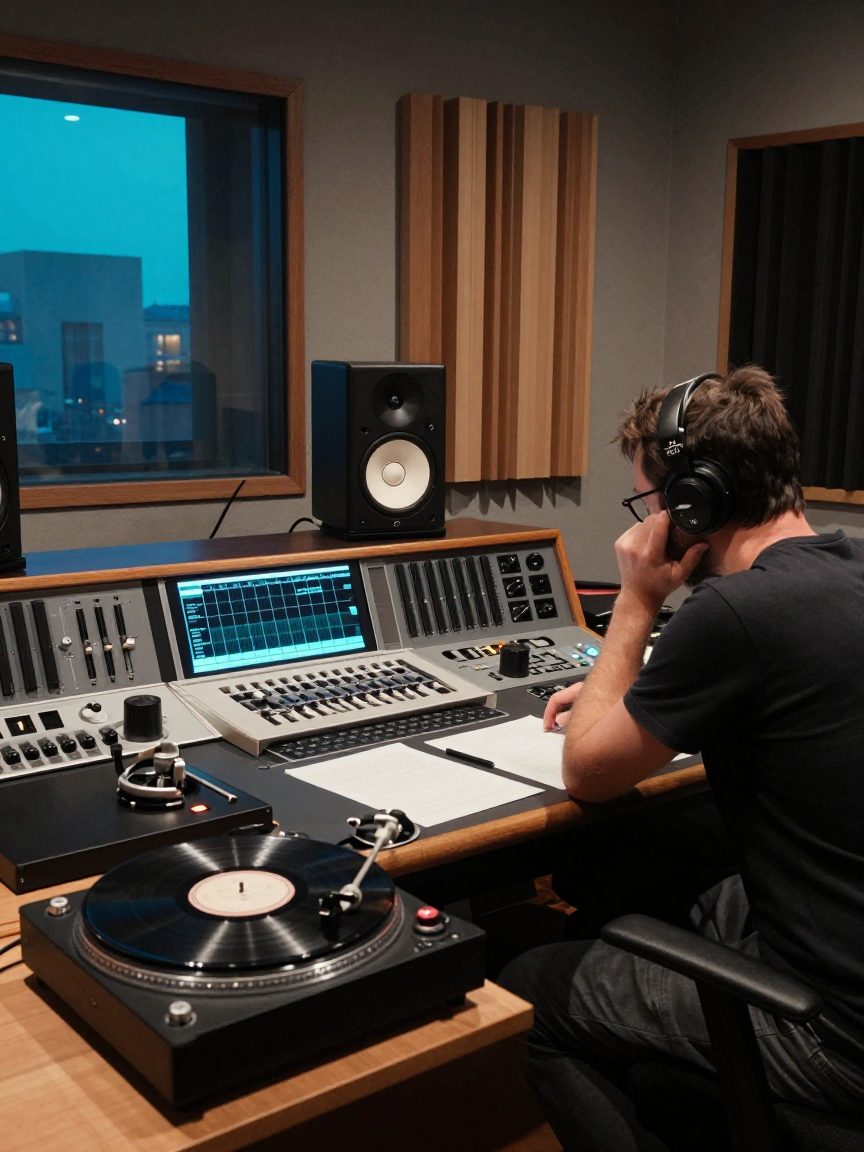 Mastering engineer listening on large control room monitors