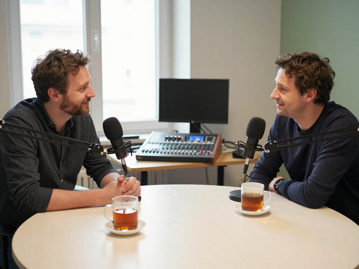 Two podcast hosts with microphones at table