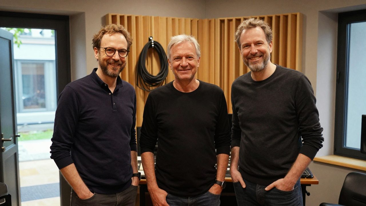 Three team members in studio corridor by acoustic wall
