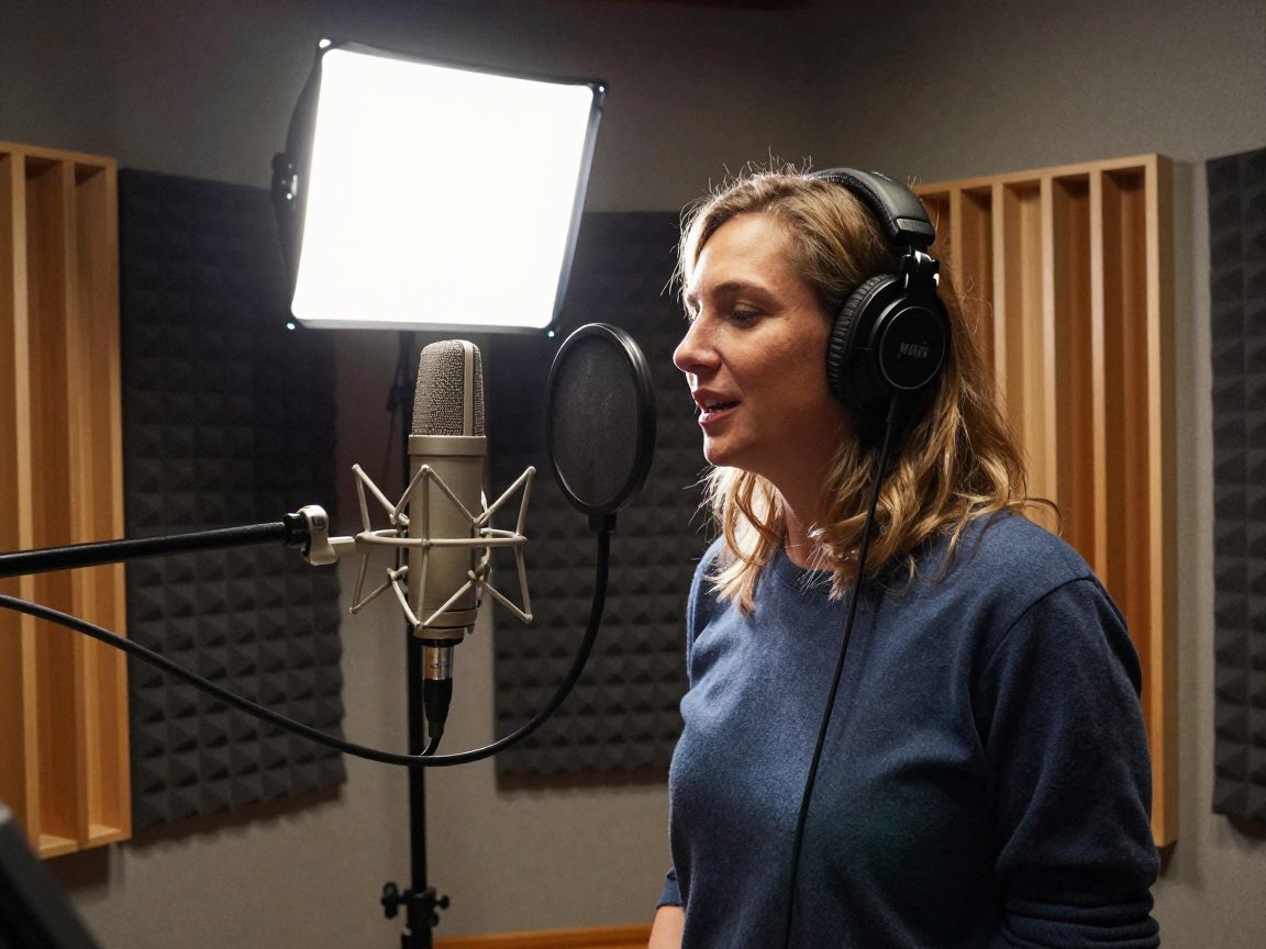 Speaker in isolated vocal booth with large diaphragm mic